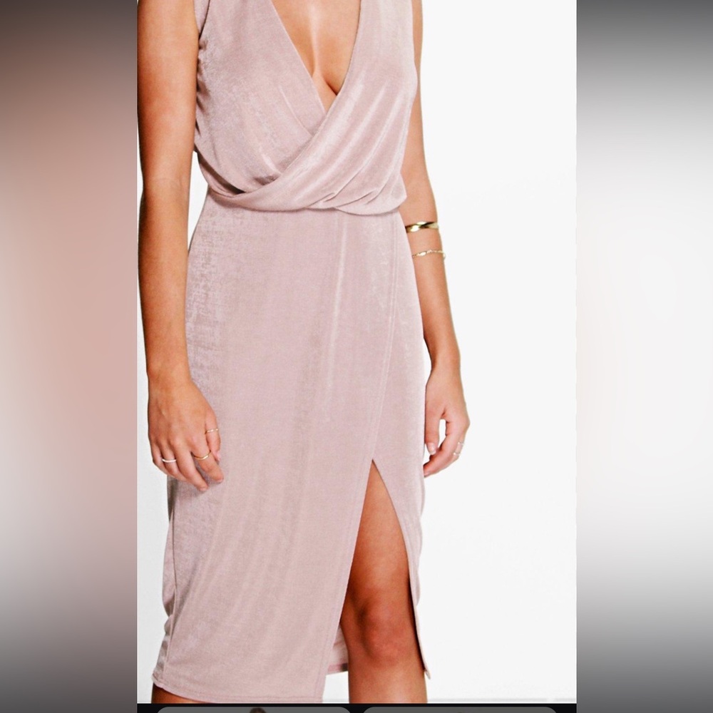 BOOHOO Hadley Slinky drape & wrap skirt Dress US 6 blush pink Bodycon cocktail